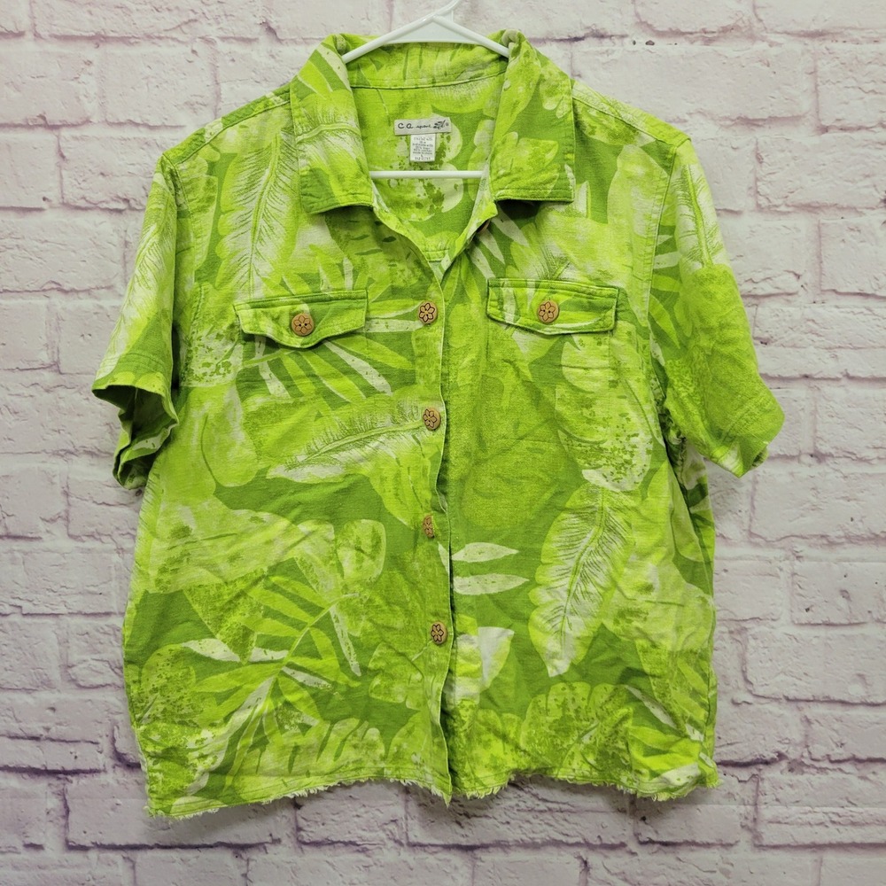 CA Sport Linen Blend Tropical Lime Green Shirt‎ Women L Vacation Resort Cottage